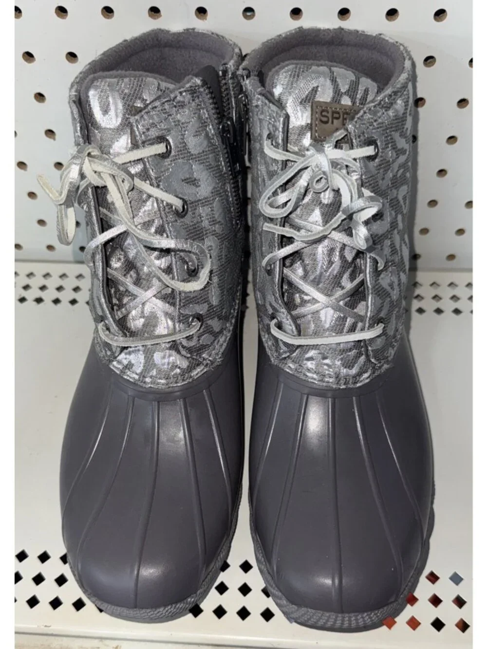 Sperry Saltwater Jacquard Womens Duck Rain Boots Size 10 Silver Leopard Print